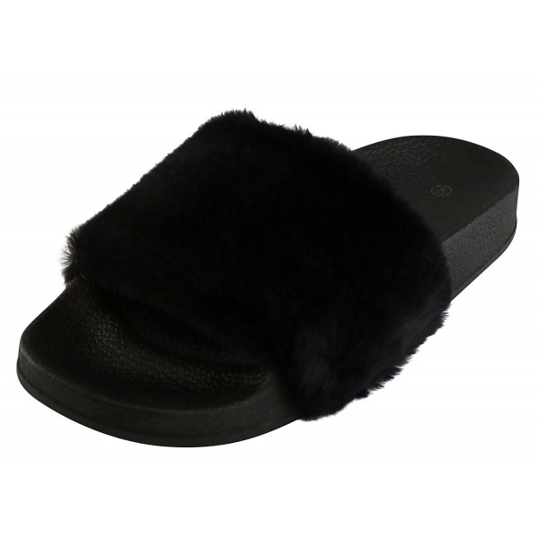 Women's Slip-On Faux Fur Flat Platform Slipper Slide Sandal - Black ...