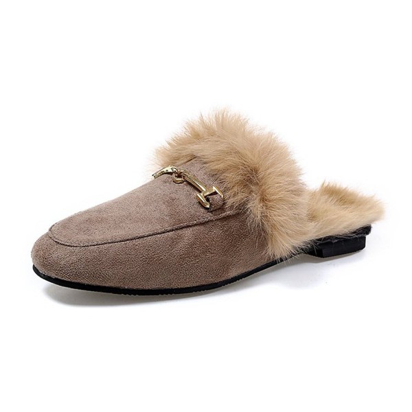 Women's Soft Slip-on Loafer Slides Velvet Backless Fur Mules - Khaki ...