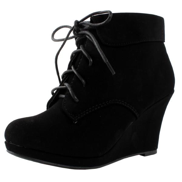 Womens Ankle Wedge Boots Faux Nubuck Platform Round Toe Booties Black ...