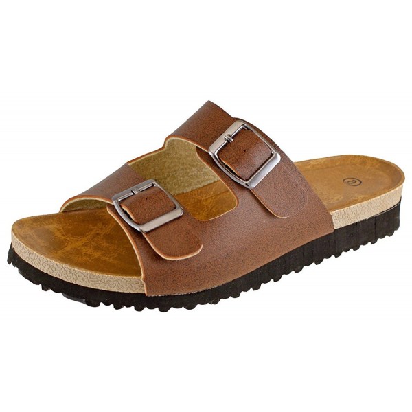 Women's 2-Strap Buckle Slip-On Flat Platform Slide Sandal - Brown ...