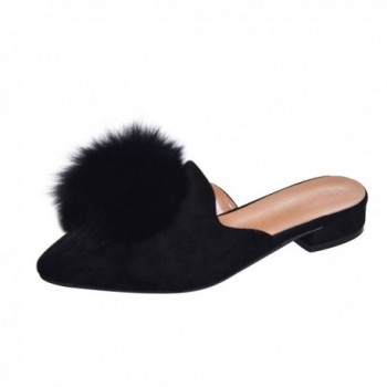 JACKY LUYI Womens Pom Pom Slides Mules Pointed Toe Backless Loafers Ladies Clog Slippers Black