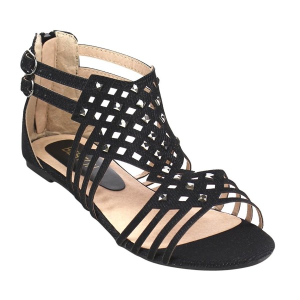 GB38 Women's Double Buckles Gladiator Flat Sandals - Black - CU12BGAF55N